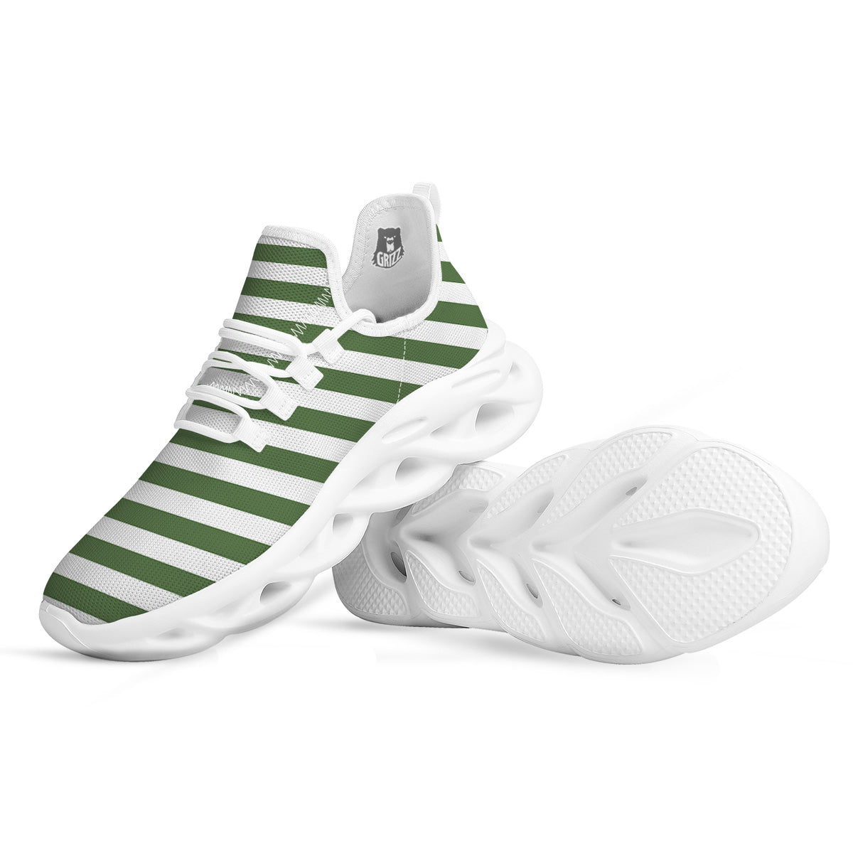 Dark Green Color Striped Print White Running Shoes-grizzshop