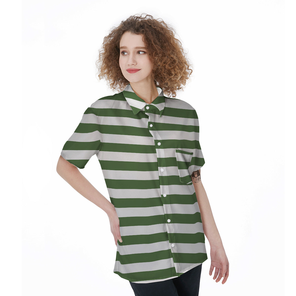 Dark Green Color Striped Print Women's Short Sleeve Shirts-grizzshop