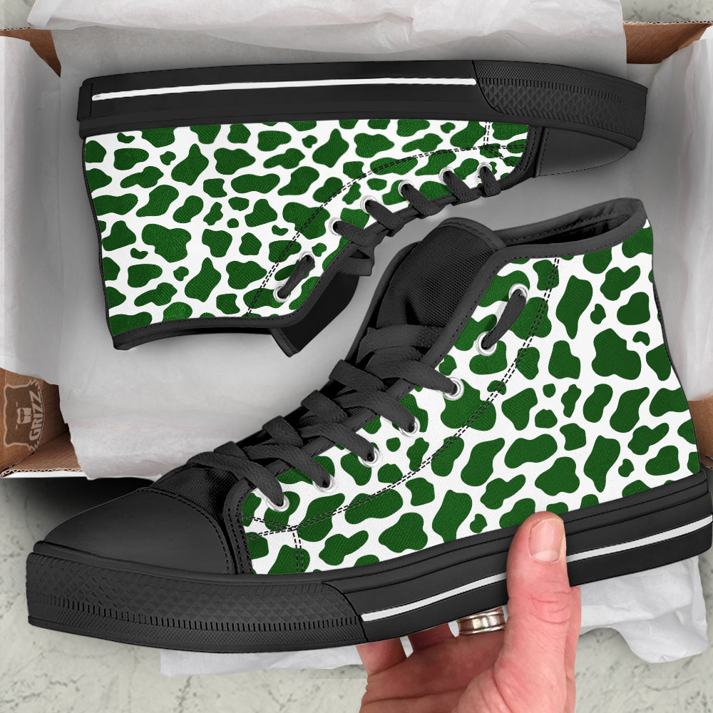 Dark Green Cow Print Pattern Black High Top Shoes-grizzshop