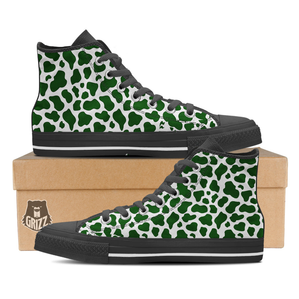 Dark Green Cow Print Pattern Black High Top Shoes-grizzshop