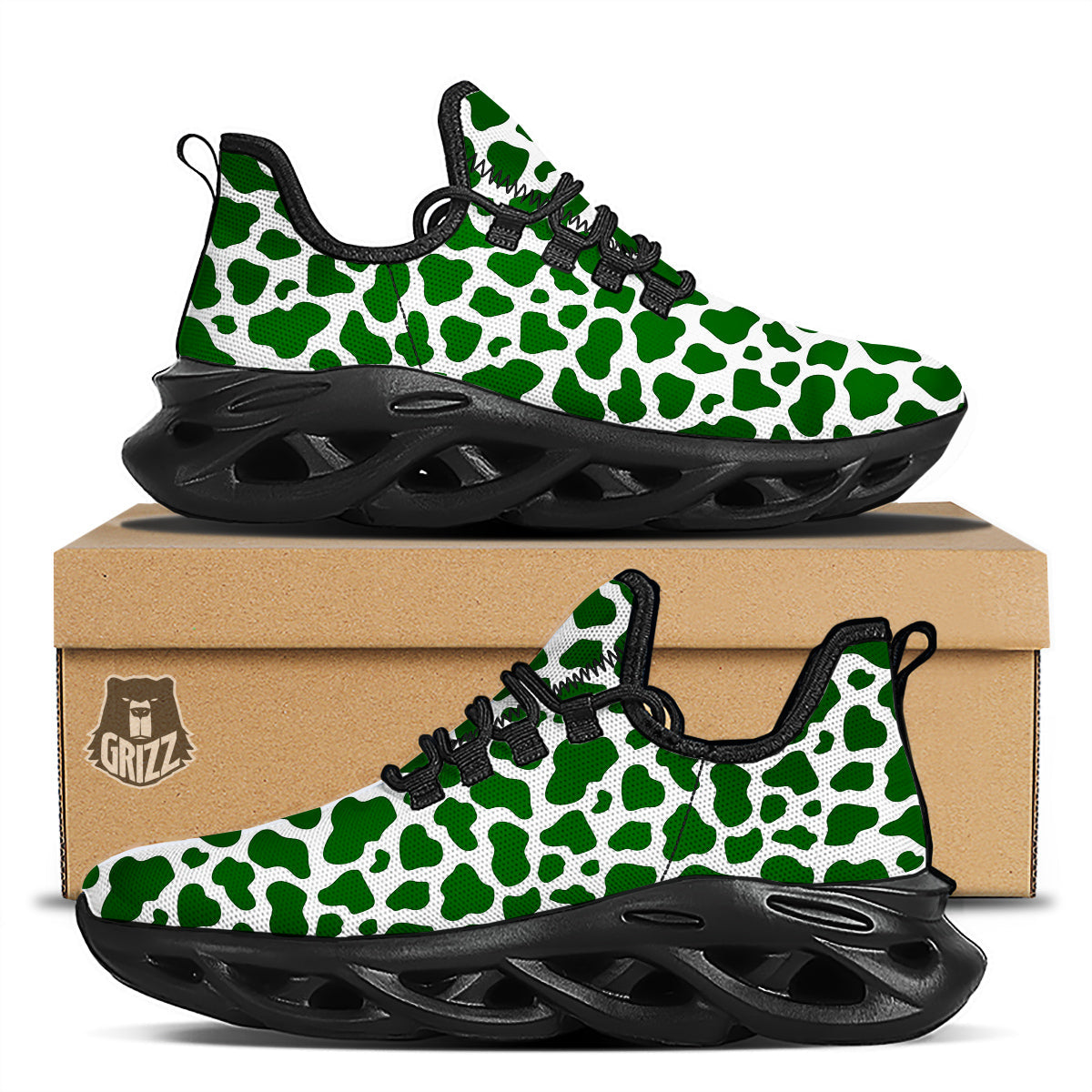 Dark Green Cow Print Pattern Black Running Shoes-grizzshop