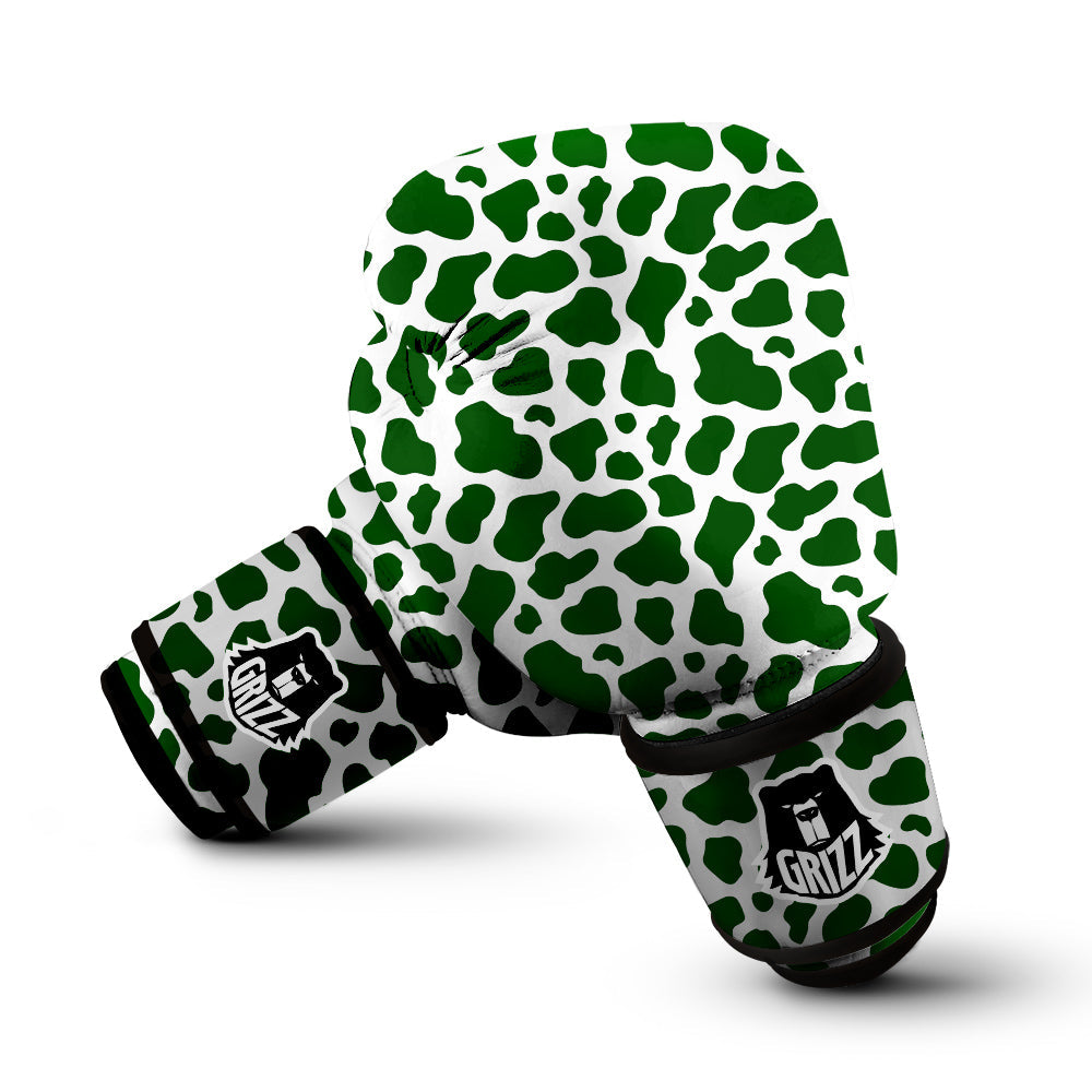 Dark Green Cow Print Pattern Boxing Gloves-grizzshop