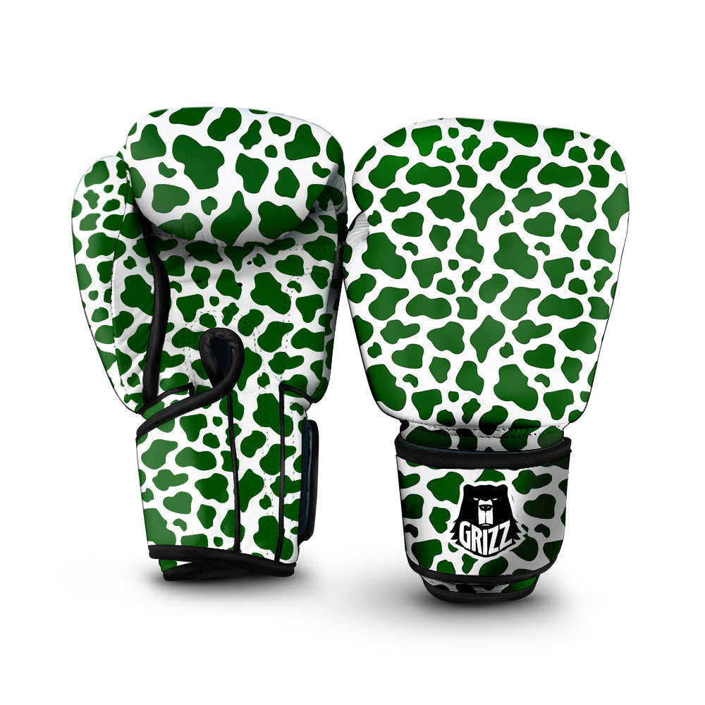 Dark Green Cow Print Pattern Boxing Gloves-grizzshop