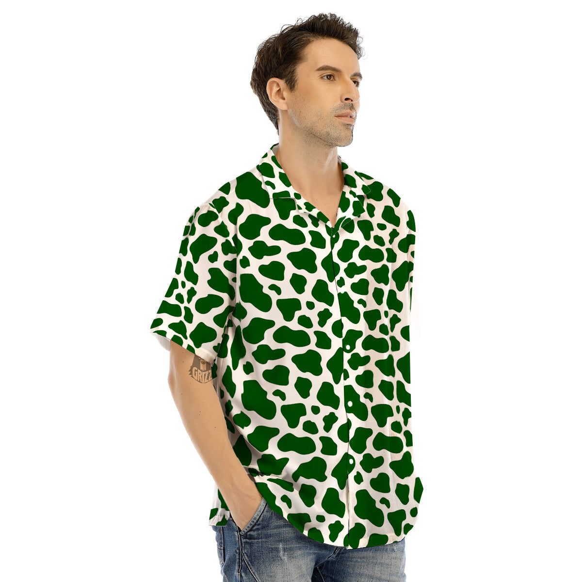 Dark Green Cow Print Pattern Men’s Hawaiian Shirt-grizzshop