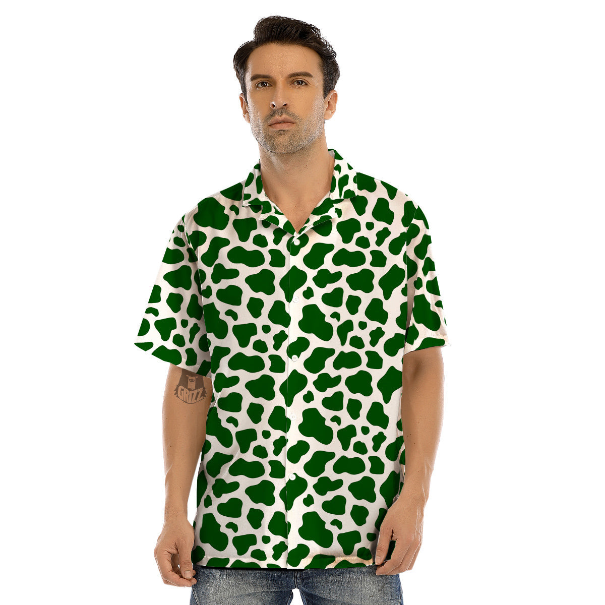 Dark Green Cow Print Pattern Men’s Hawaiian Shirt-grizzshop
