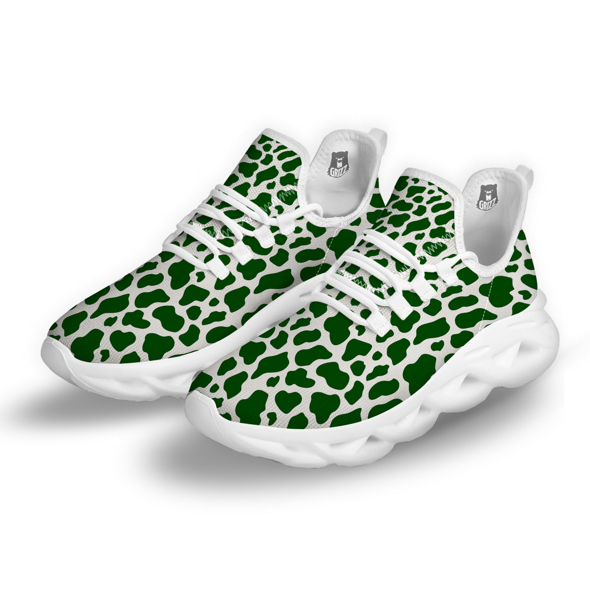 Dark Green Cow Print Pattern White Running Shoes-grizzshop