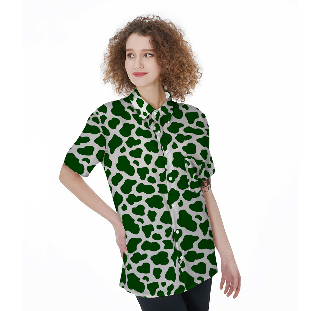 Dark Green Cow Print Pattern Women's Short Sleeve Shirts-grizzshop