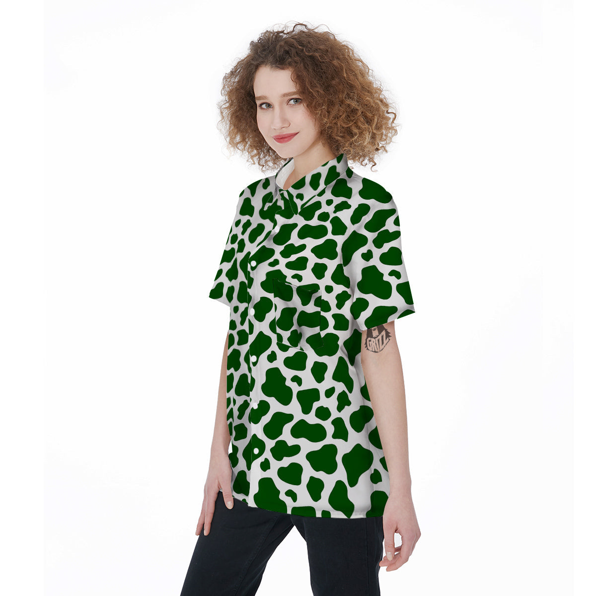 Dark Green Cow Print Pattern Women's Short Sleeve Shirts-grizzshop