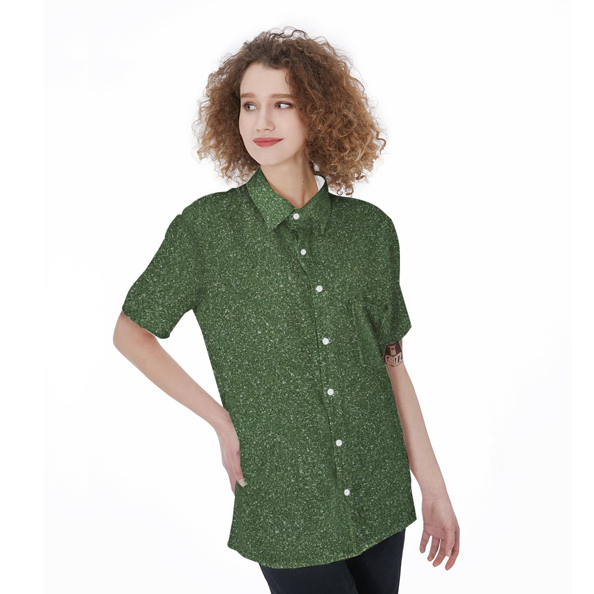 Dark Green Glitter Texture Print Women's Short Sleeve Shirts-grizzshop