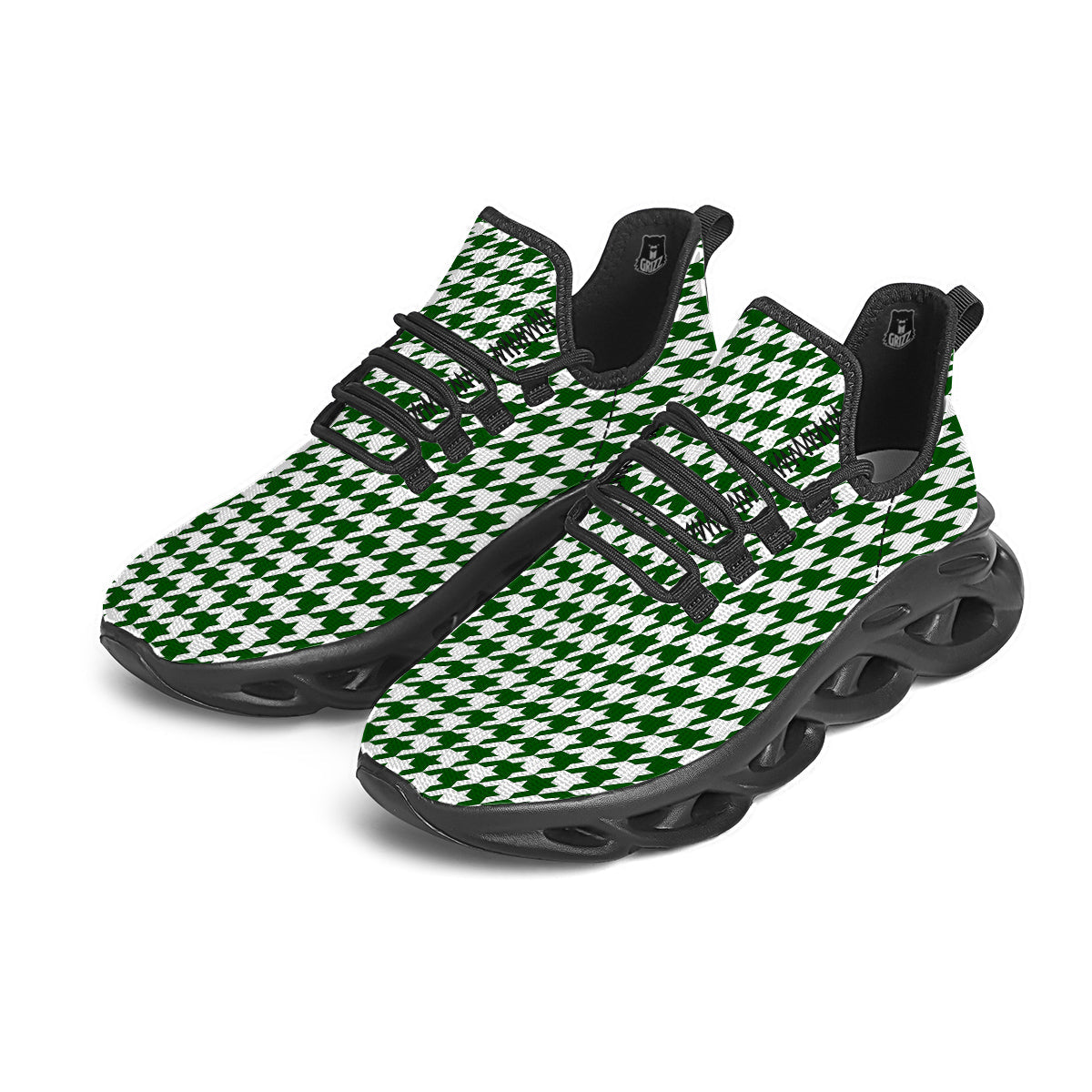 Dark Green Houndstooth Print Black Running Shoes-grizzshop