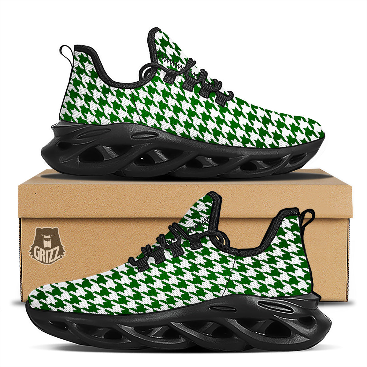 Dark Green Houndstooth Print Black Running Shoes-grizzshop