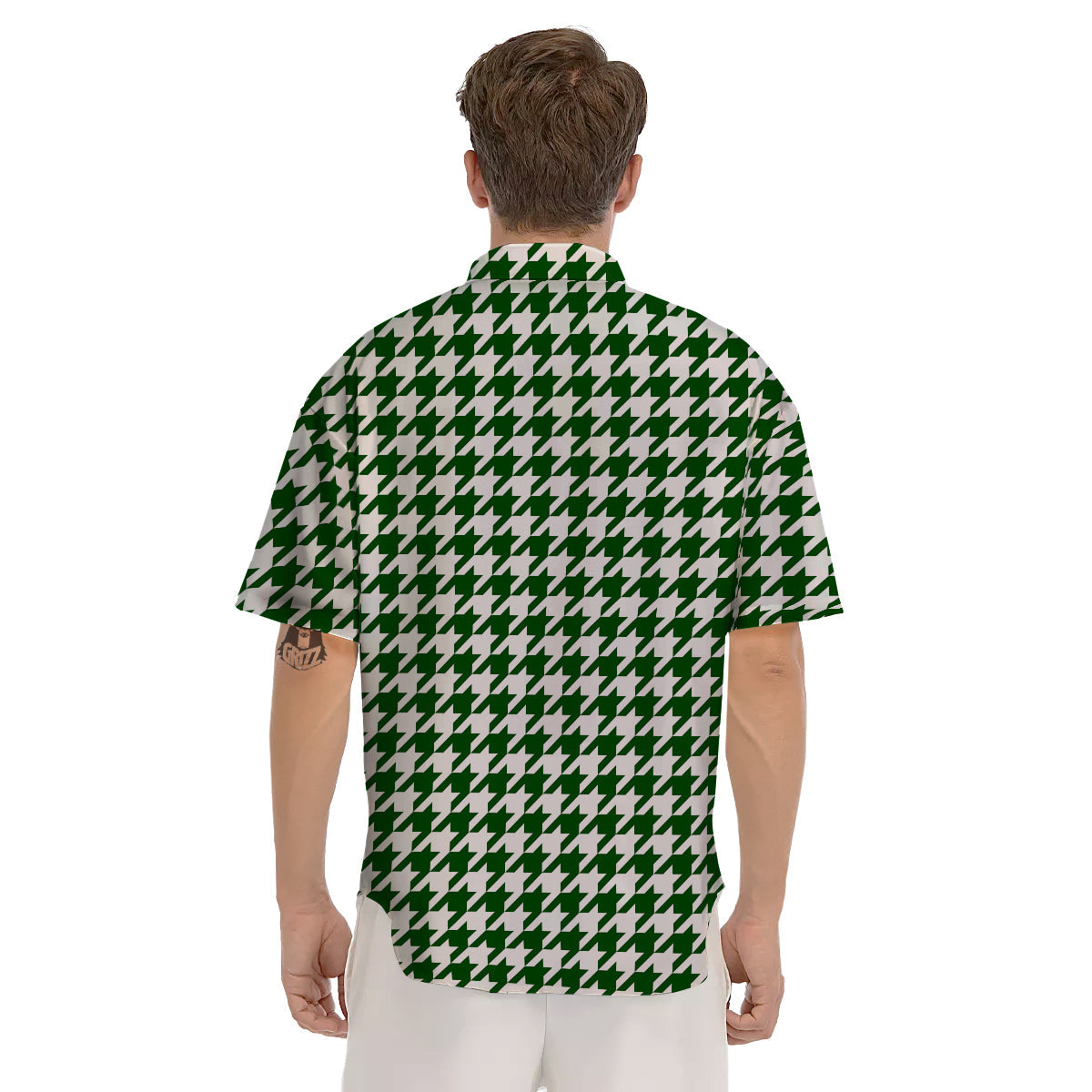 Dark Green Houndstooth Print Men's Short Sleeve Shirts-grizzshop