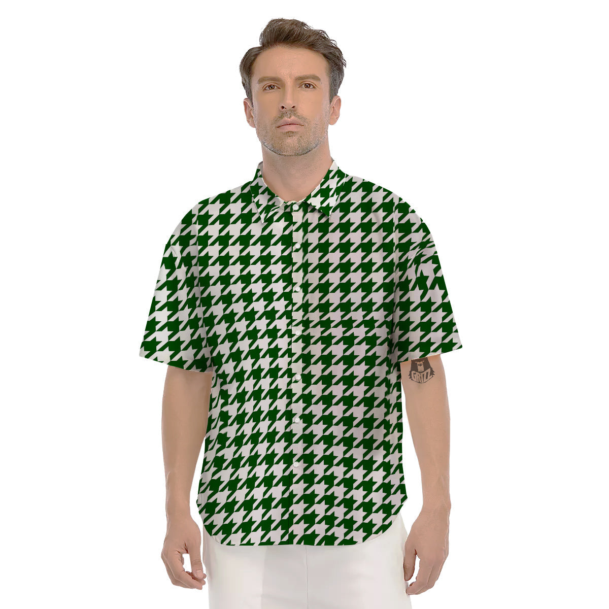 Dark Green Houndstooth Print Men's Short Sleeve Shirts-grizzshop