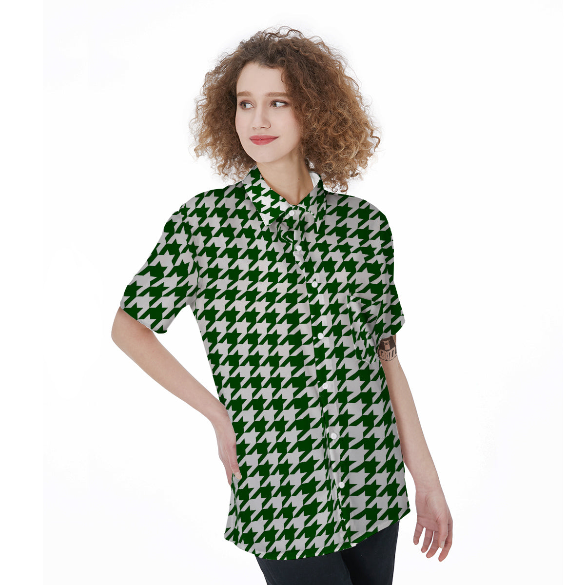 Dark Green Houndstooth Print Women's Short Sleeve Shirts-grizzshop