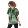 Dark Green Houndstooth Print Women's Short Sleeve Shirts-grizzshop