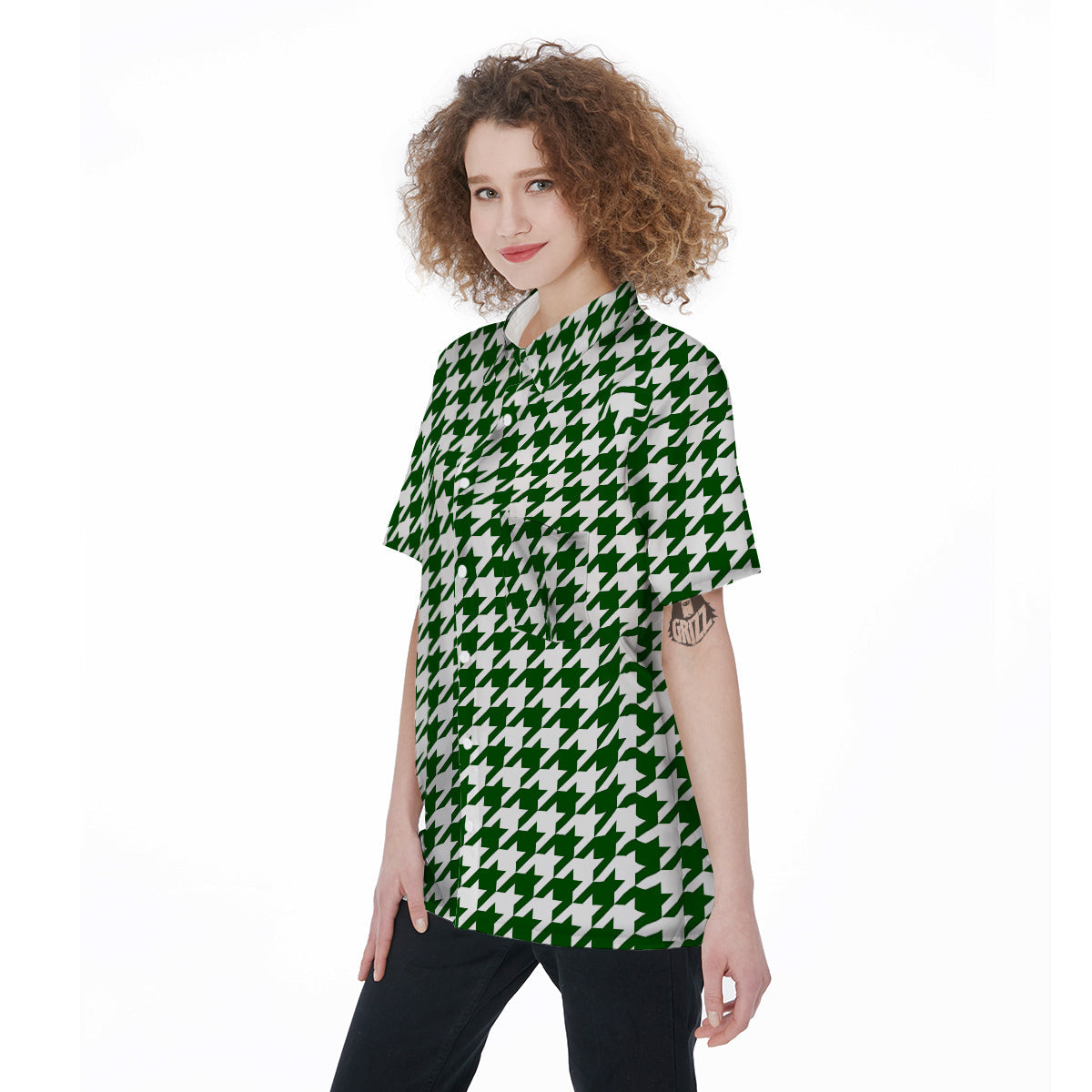 Dark Green Houndstooth Print Women's Short Sleeve Shirts-grizzshop