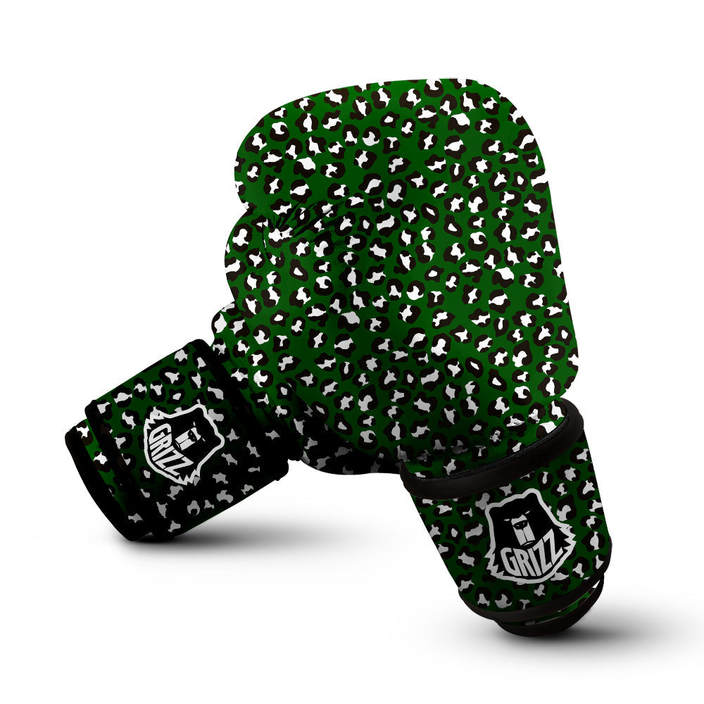 Dark Green Leopard Print Pattern Boxing Gloves-grizzshop