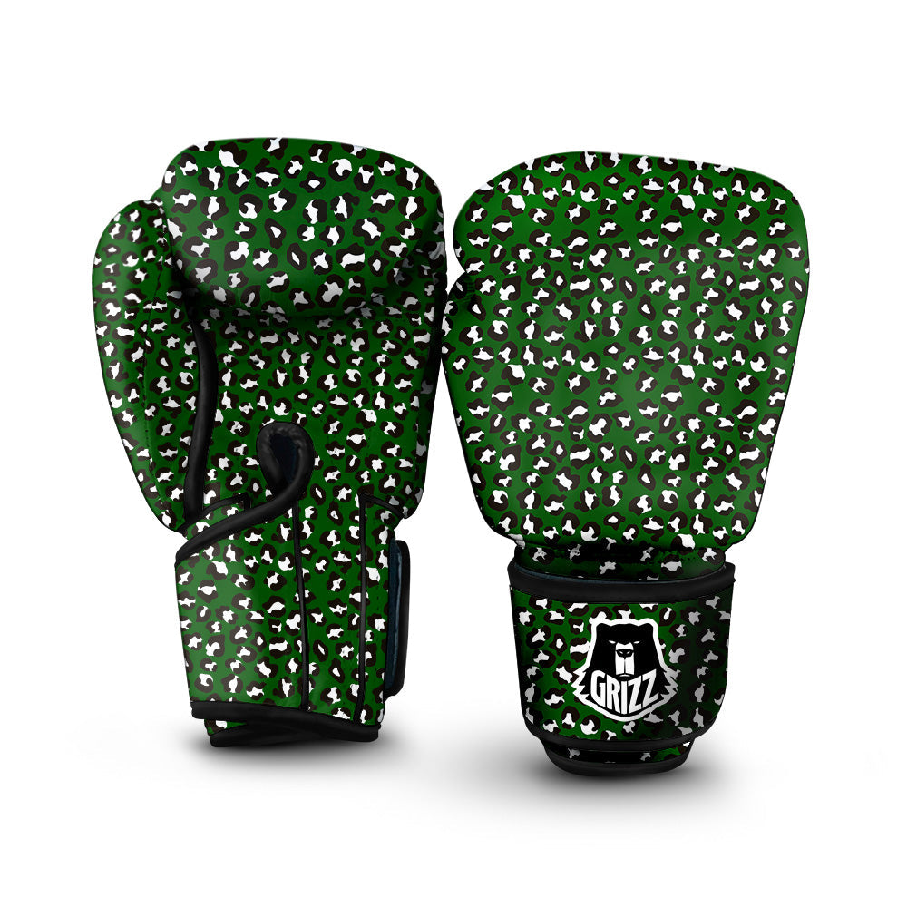 Dark Green Leopard Print Pattern Boxing Gloves-grizzshop