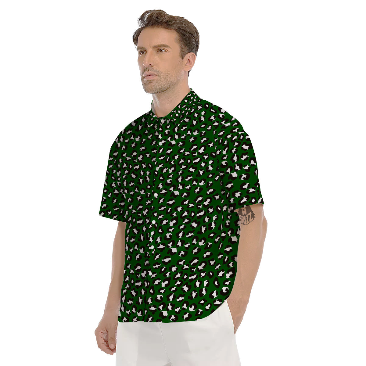 Dark Green Leopard Print Pattern Men's Short Sleeve Shirts-grizzshop