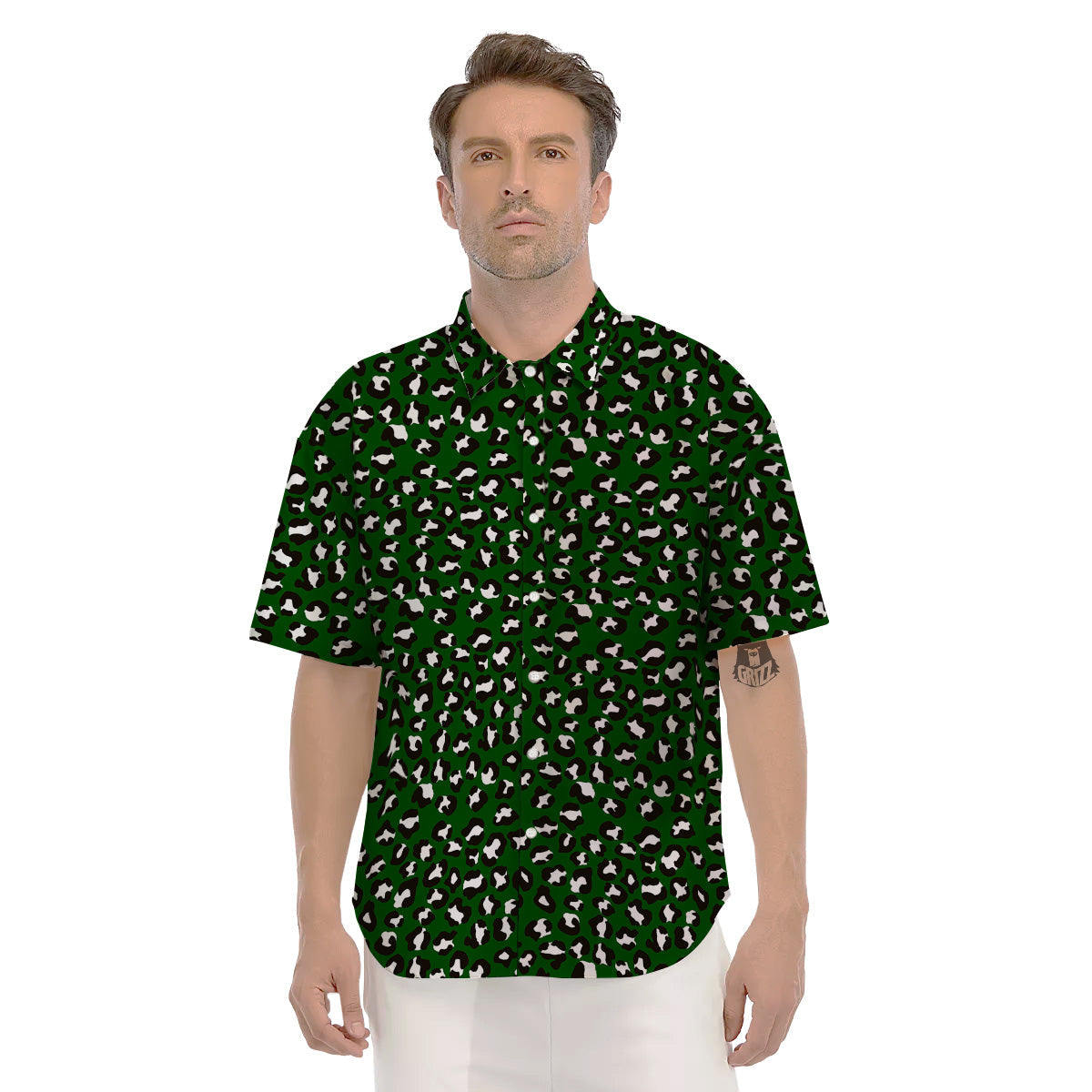 Dark Green Leopard Print Pattern Men's Short Sleeve Shirts-grizzshop