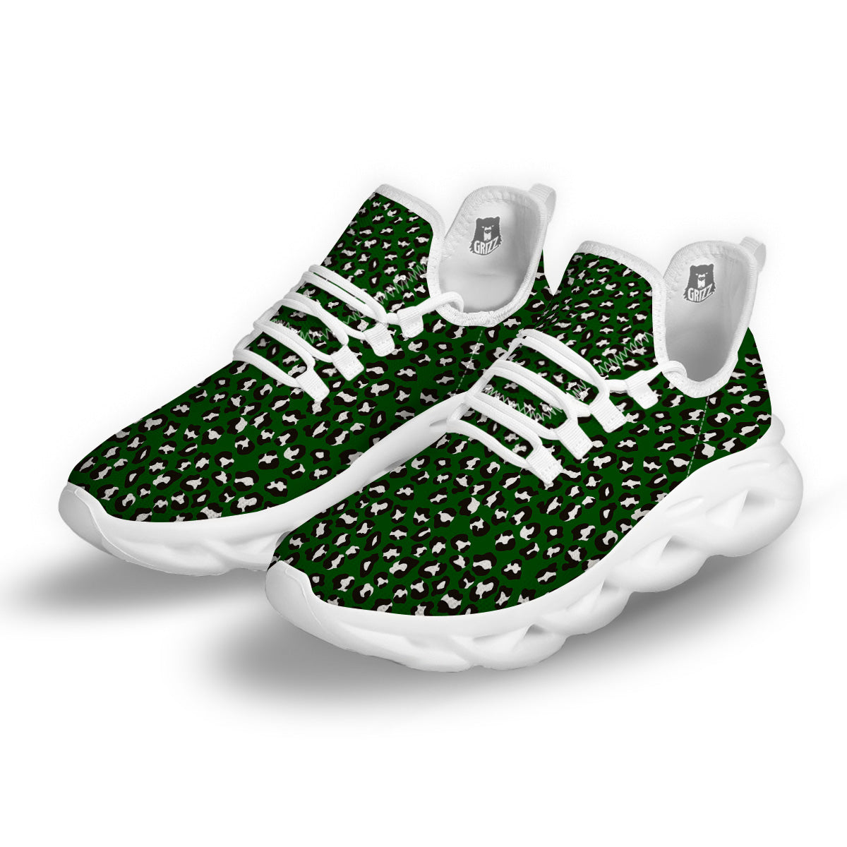 Dark Green Leopard Print Pattern White Running Shoes-grizzshop
