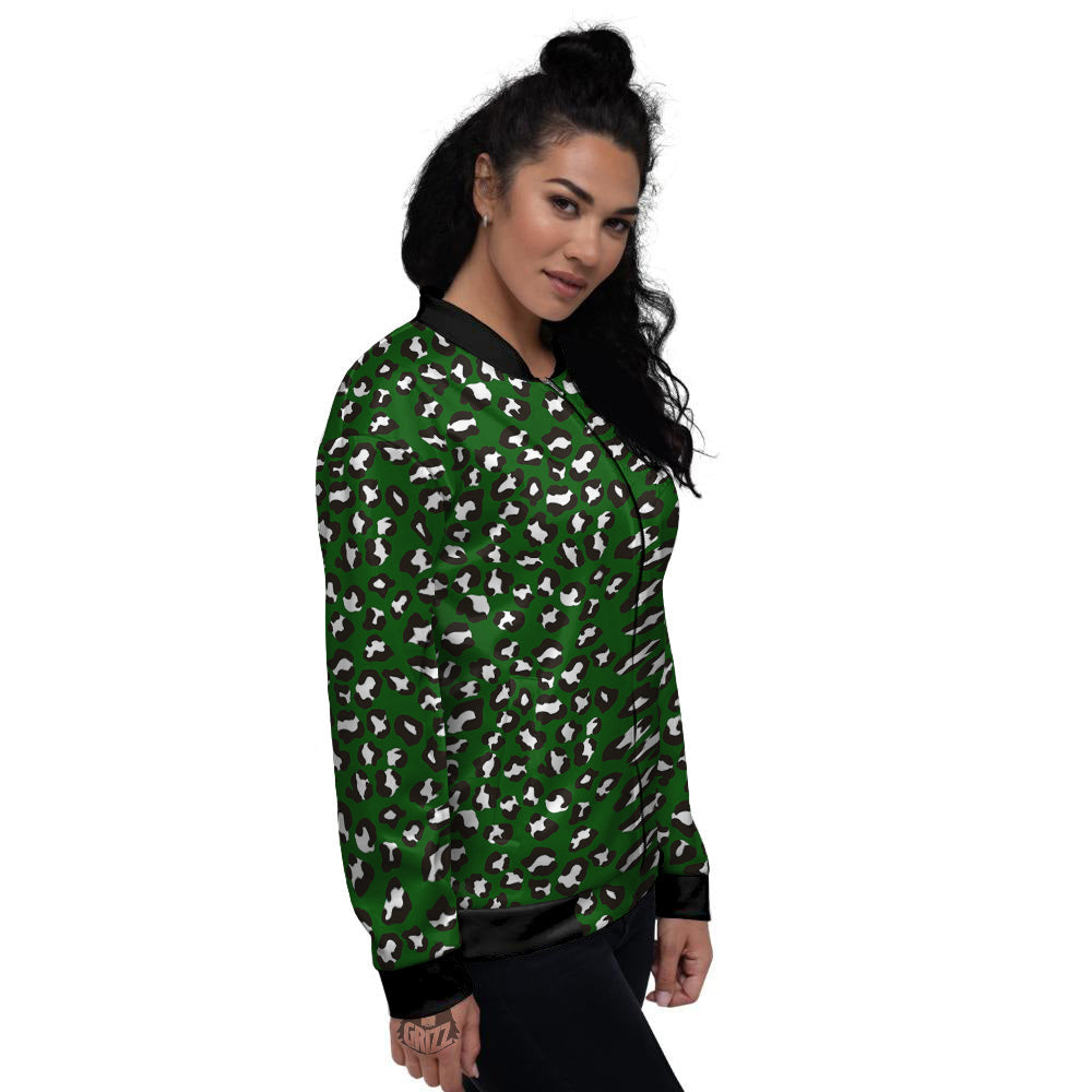 Dark Green Leopard Print Pattern Women's Bomber Jacket-grizzshop