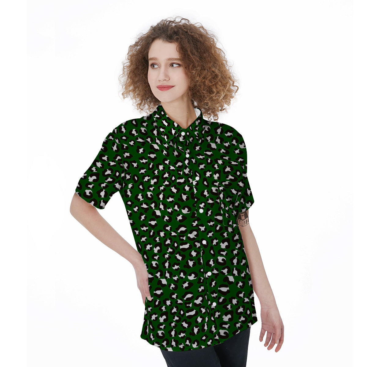 Dark Green Leopard Print Pattern Women's Short Sleeve Shirts-grizzshop