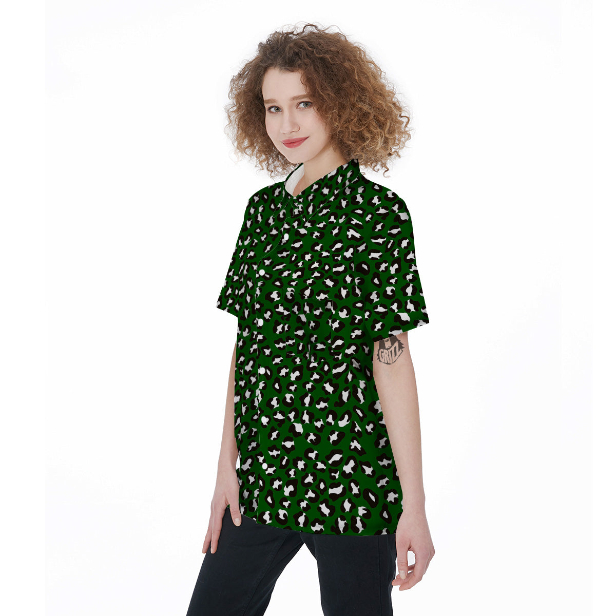 Dark Green Leopard Print Pattern Women's Short Sleeve Shirts-grizzshop