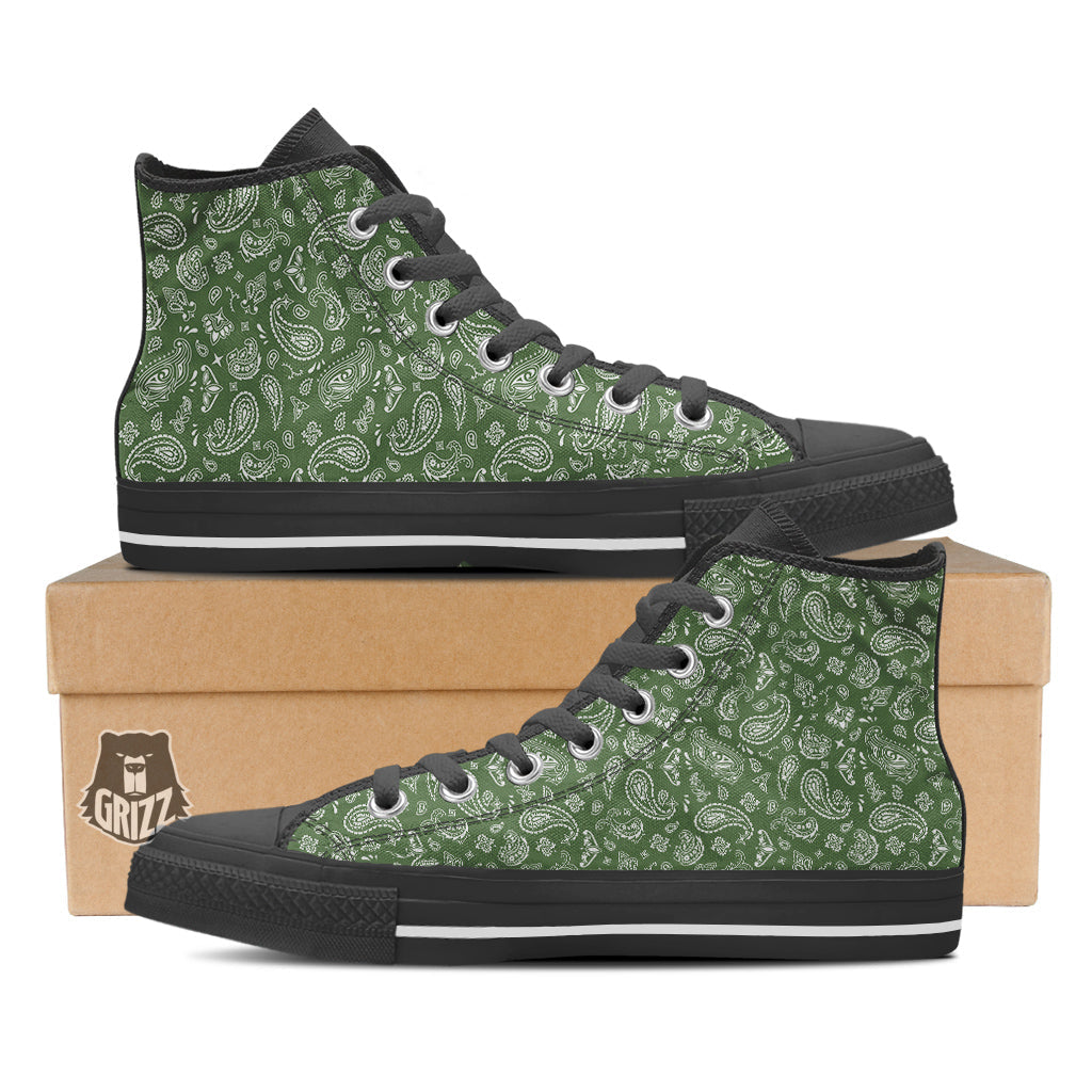 Dark Green Paisley Bandana Print Black High Top Shoes-grizzshop