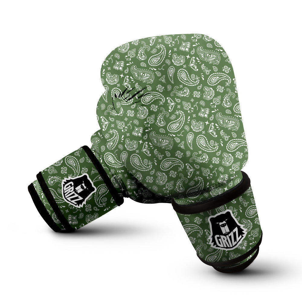 Dark Green Paisley Bandana Print Boxing Gloves-grizzshop