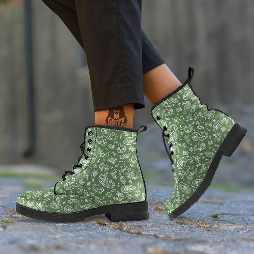 Dark Green Paisley Bandana Print Leather Boots-grizzshop