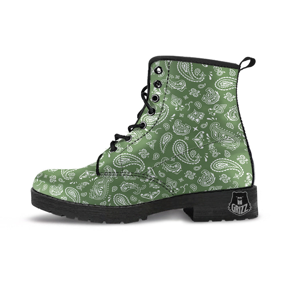 Dark Green Paisley Bandana Print Leather Boots-grizzshop