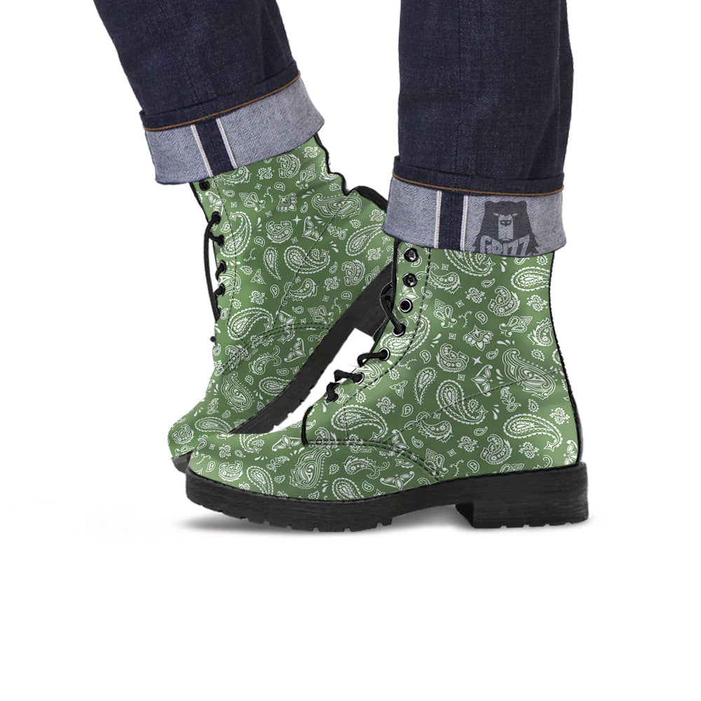 Dark Green Paisley Bandana Print Leather Boots-grizzshop