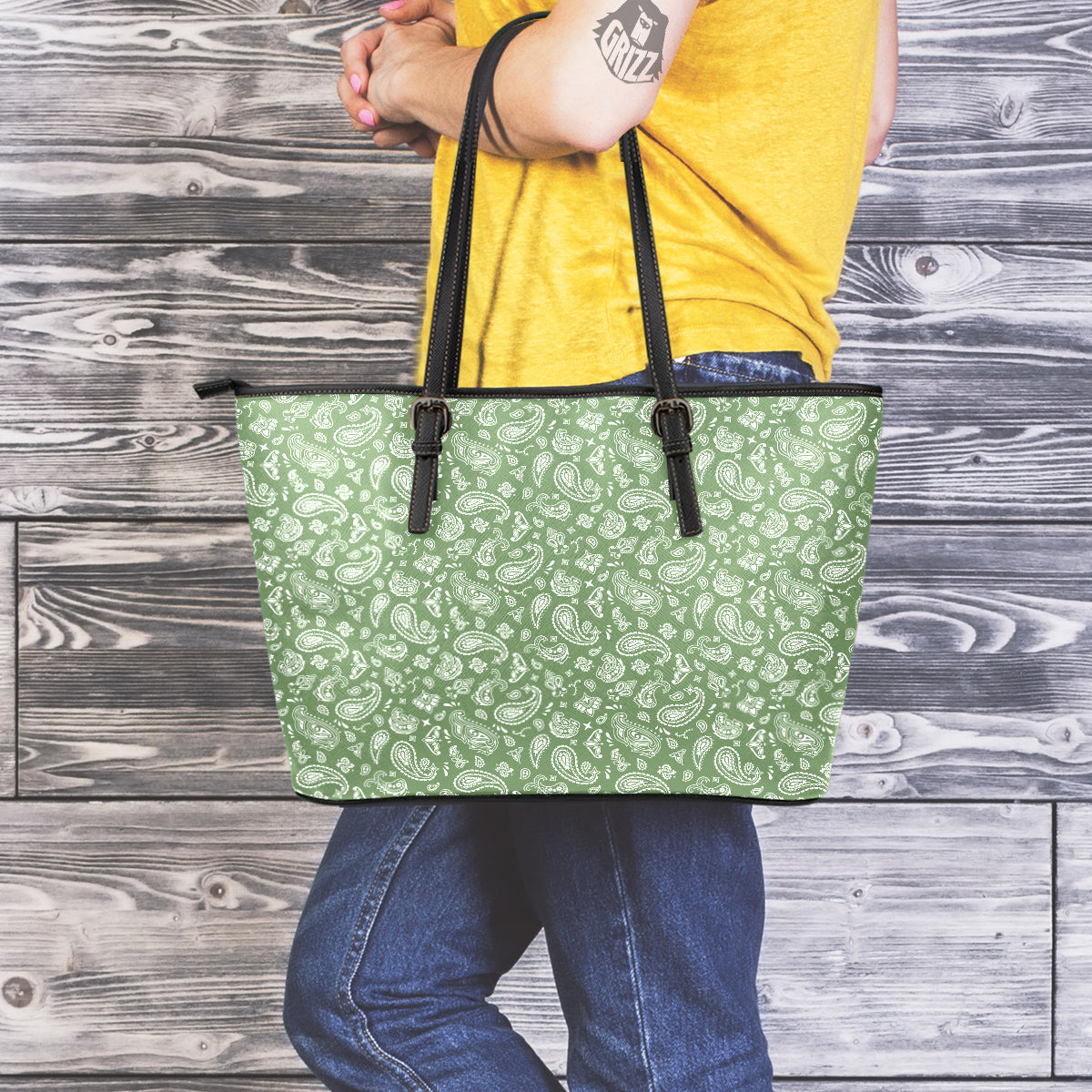 Dark Green Paisley Bandana Print Leather Tote Bag-grizzshop