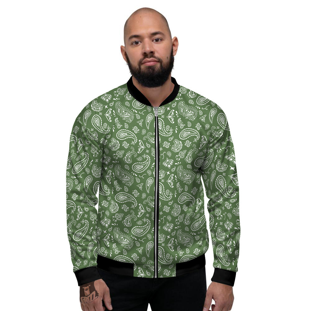 Dark Green Paisley Bandana Print Men's Bomber Jacket-grizzshop