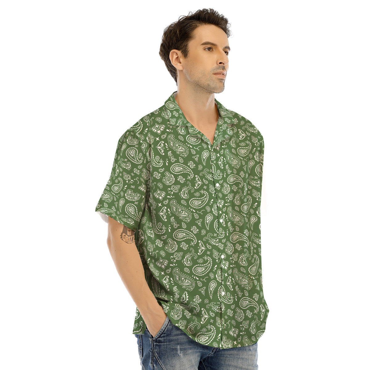 Dark Green Paisley Bandana Print Men’s Hawaiian Shirt-grizzshop