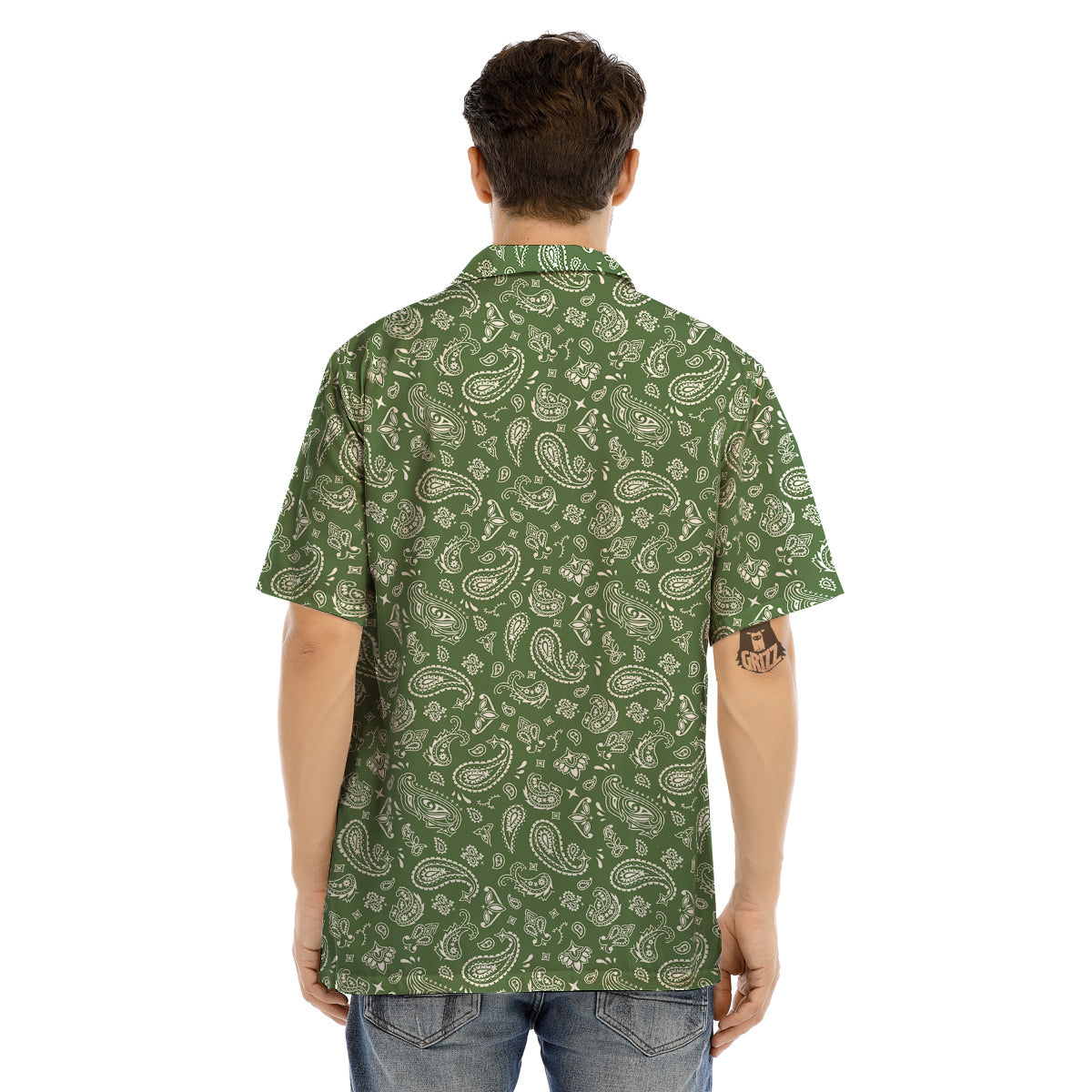 Dark Green Paisley Bandana Print Men’s Hawaiian Shirt-grizzshop