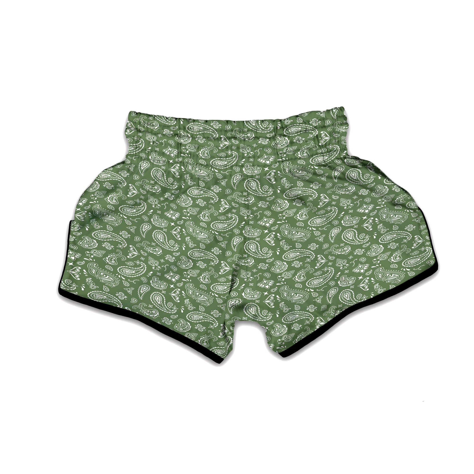 Dark Green Paisley Bandana Print Muay Thai Boxing Shorts-grizzshop