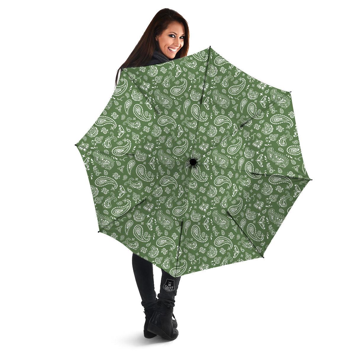 Dark Green Paisley Bandana Print Umbrella-grizzshop