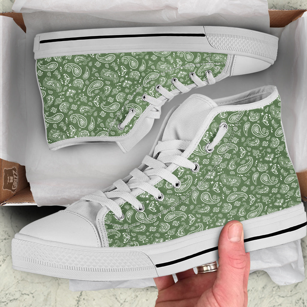 Dark Green Paisley Bandana Print White High Top Shoes-grizzshop