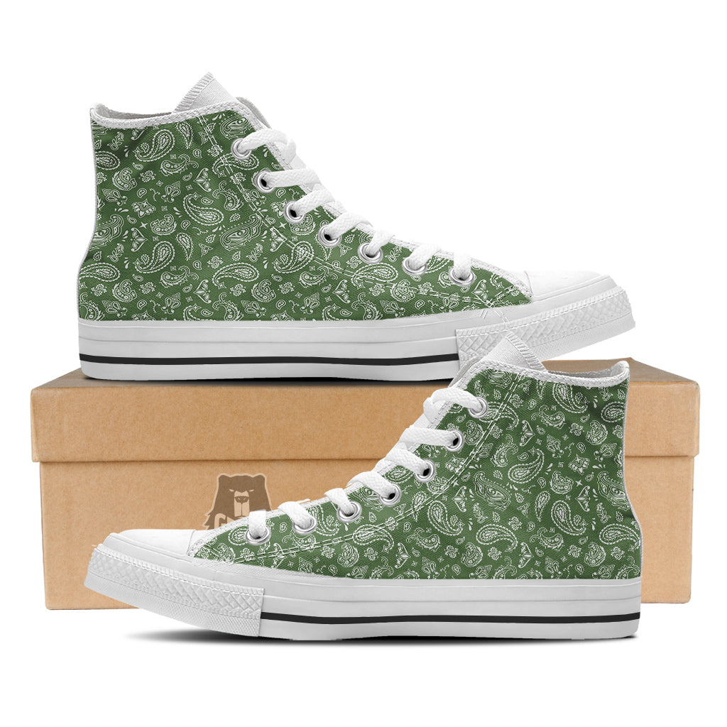 Dark Green Paisley Bandana Print White High Top Shoes-grizzshop