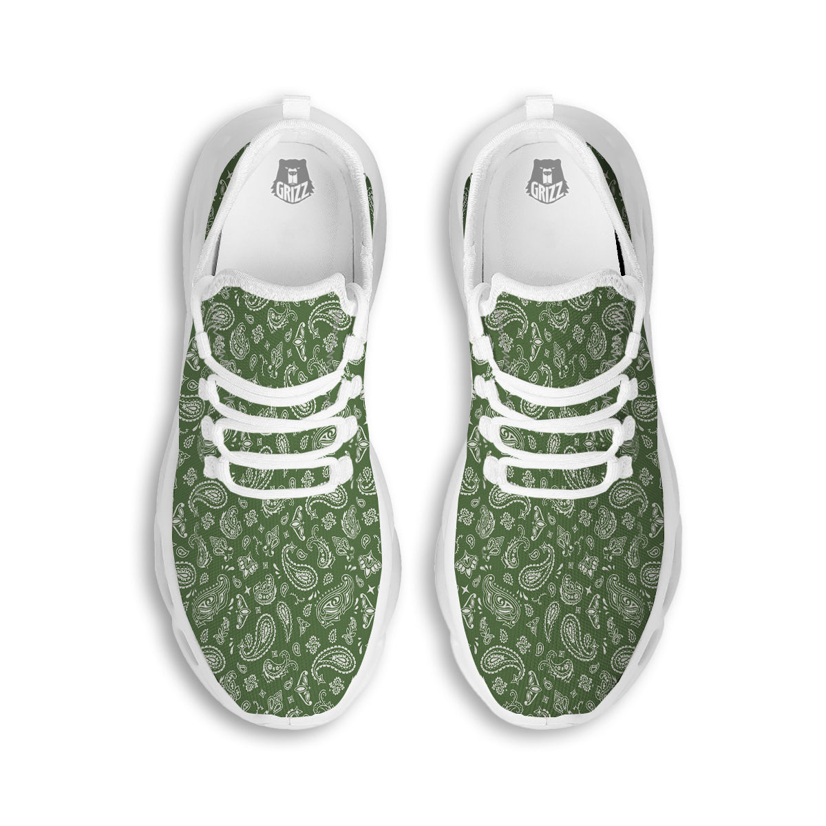 Dark Green Paisley Bandana Print White Running Shoes-grizzshop