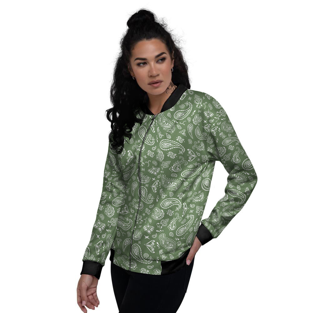 Dark Green Paisley Bandana Print Women's Bomber Jacket-grizzshop