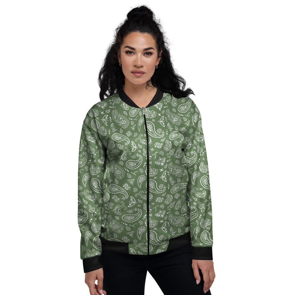 Dark Green Paisley Bandana Print Women's Bomber Jacket-grizzshop