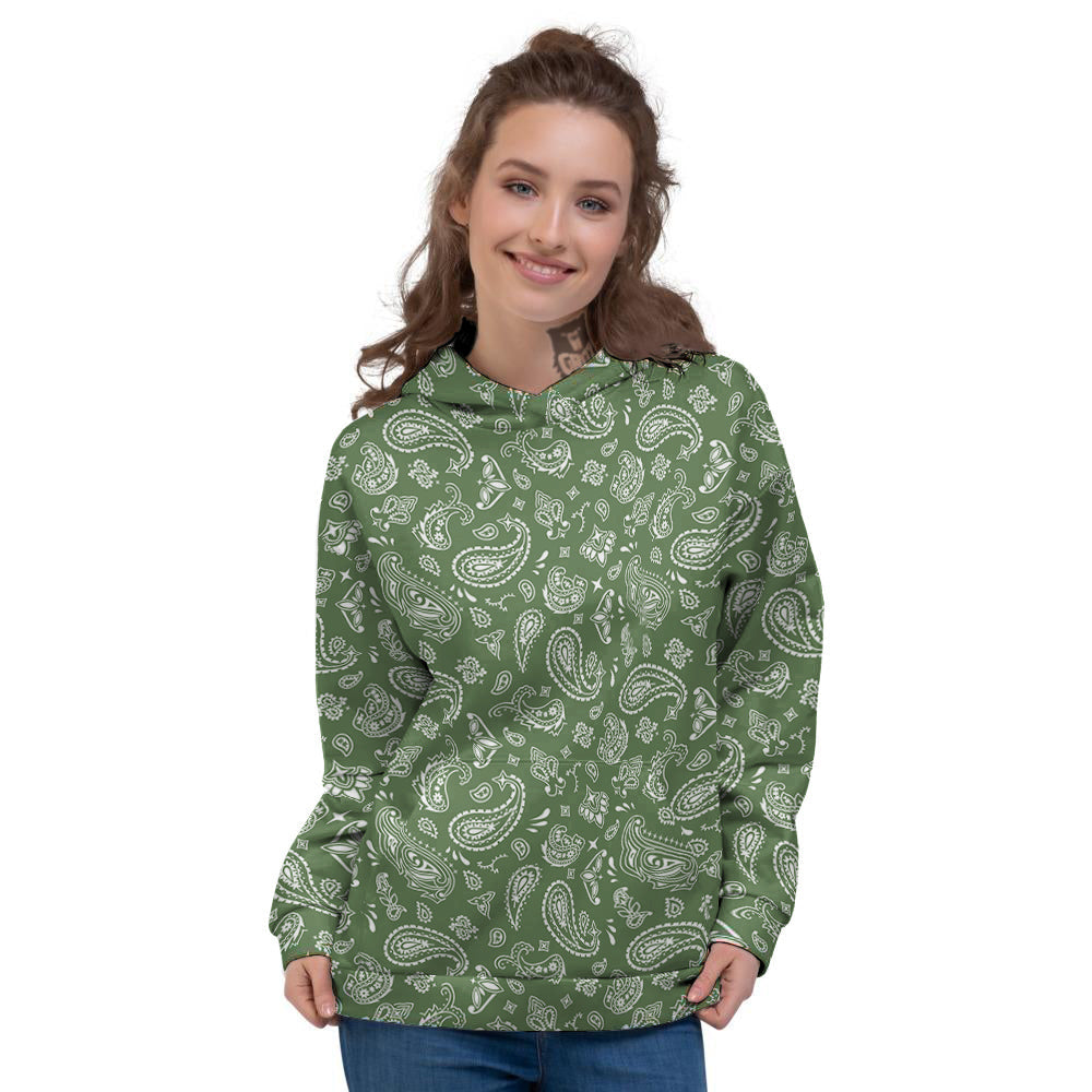 Dark Green Paisley Bandana Print Women's Hoodie-grizzshop