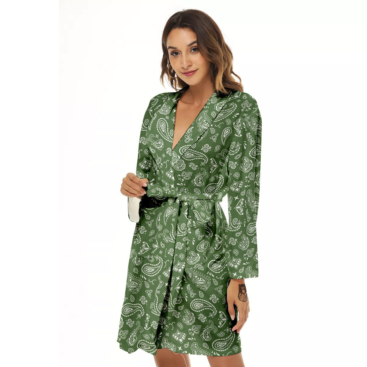 Dark Green Paisley Bandana Print Women's Robe-grizzshop