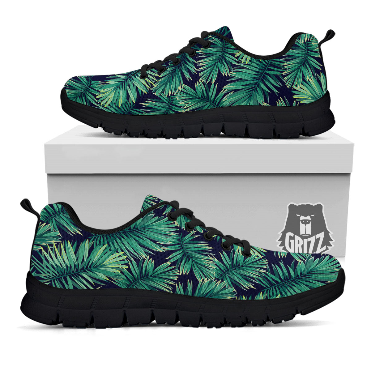 Dark Green Palm Tree Print Pattern Black Sneaker-grizzshop