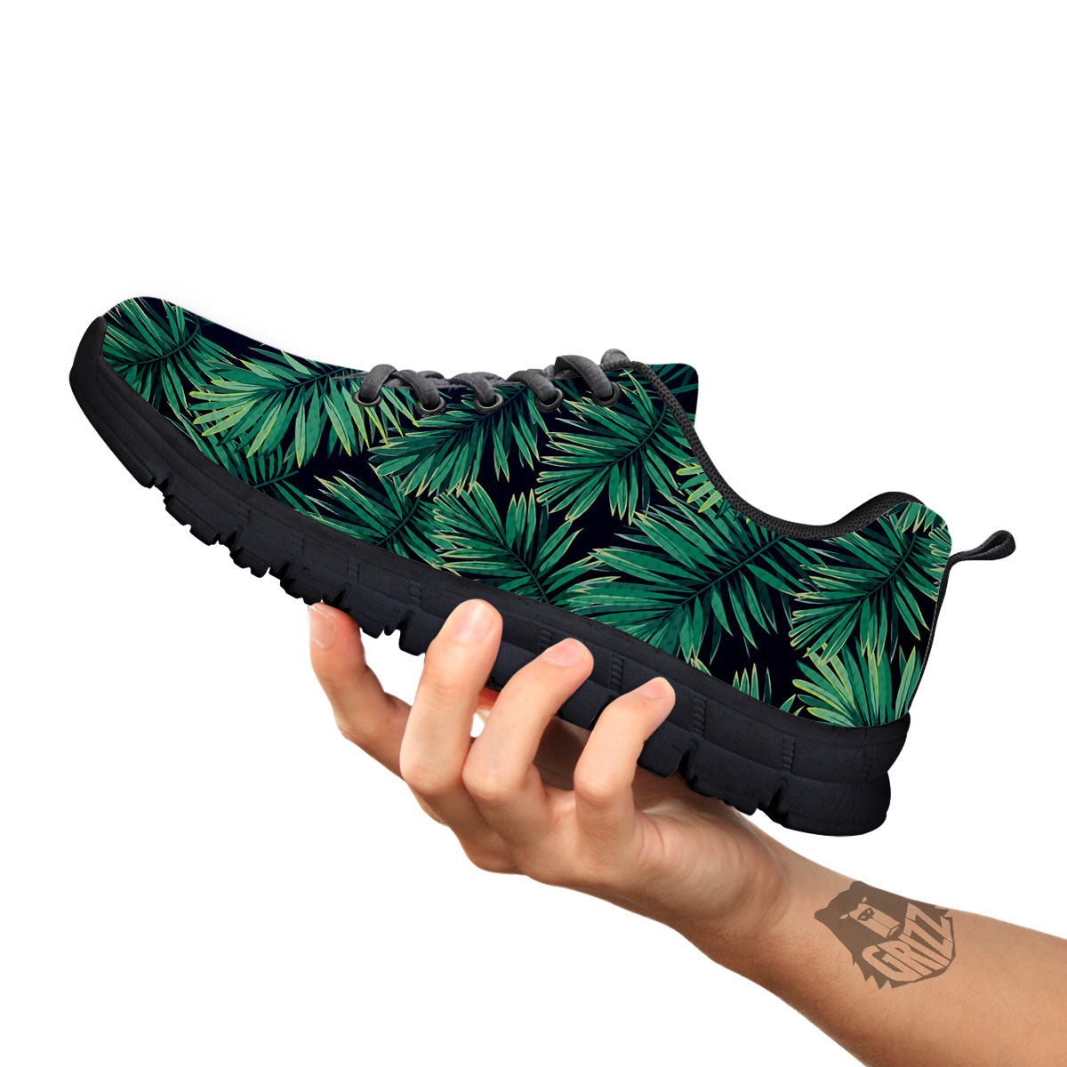 Dark Green Palm Tree Print Pattern Black Sneaker-grizzshop