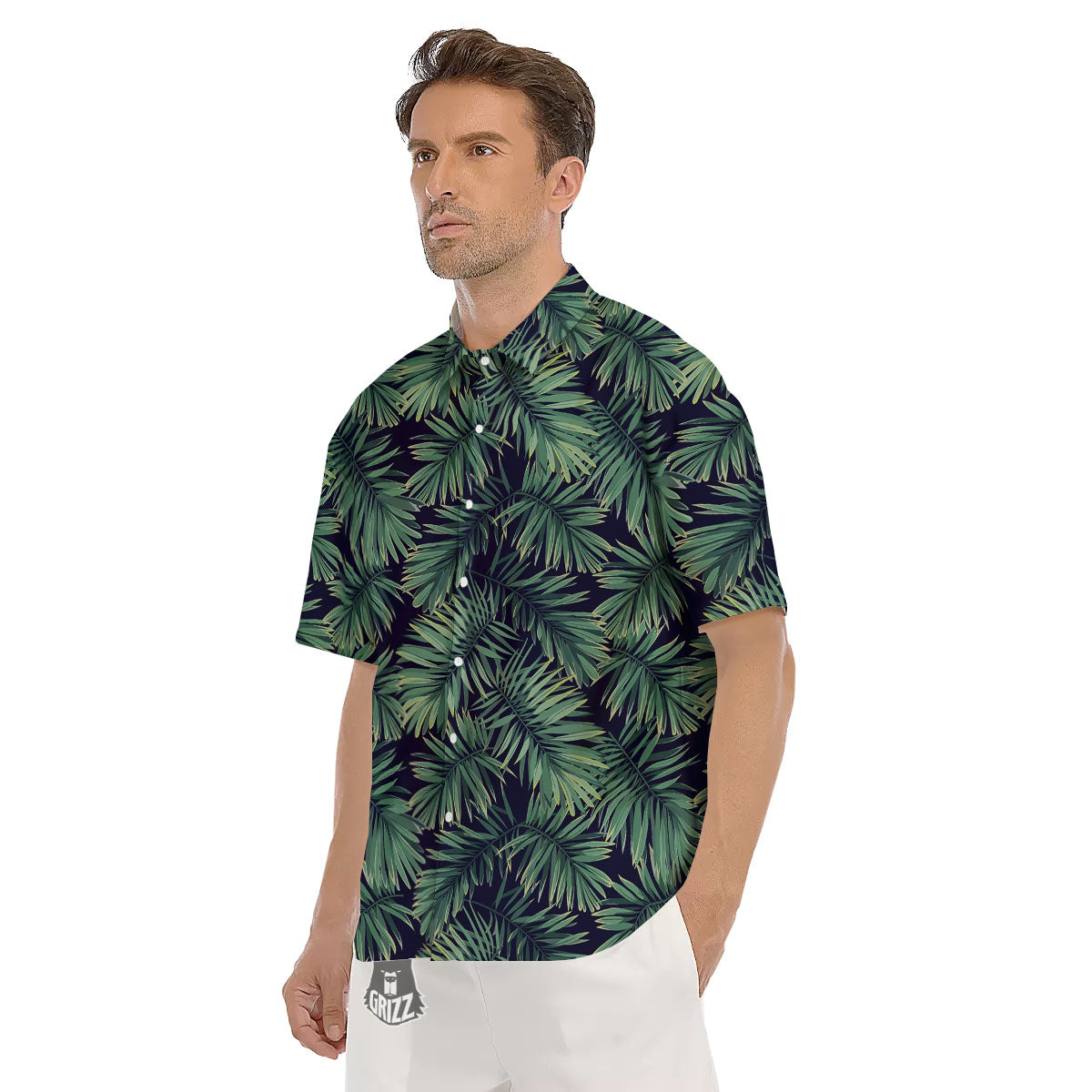 Dark Green Palm Tree Print Pattern Men's Short Sleeve Shirts-grizzshop