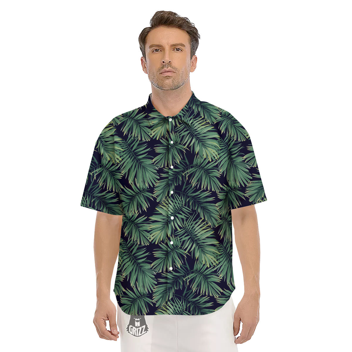 Dark Green Palm Tree Print Pattern Men's Short Sleeve Shirts-grizzshop